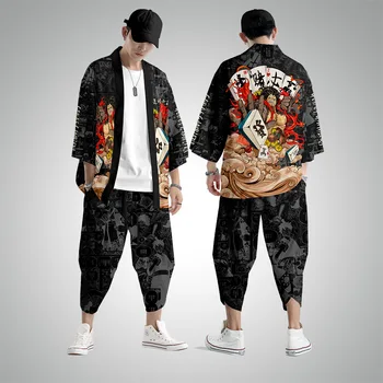 Suvel Jaapani Must Print Kimono Mehed Jacke Top Pluusi Lahti Kimono Casual Fashion Mantli Ja Pükste Mõõdus 6XL