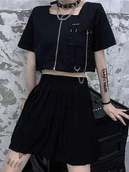 HOUZHOU Gooti Must T-särgid Naistele Crop Top Naine Techwear Kpop Grunge Suvel Lühikese Varrukaga T-Särk, mille Ahela Y2k Streetwear 12