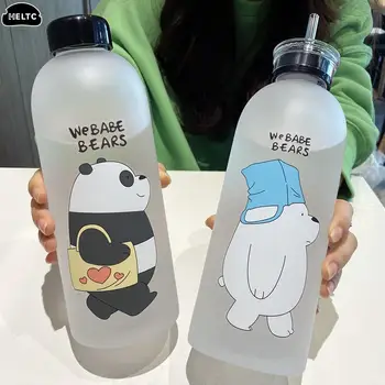 Kawaii 1000ml Armas veepudeli Panda Bear Jäätunud Cup With Straw Läbipaistev Cartoon Pudel lekkimiskindlates Joogid Valgu Shaker 8