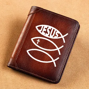 Kõrge Kvaliteediga naturaalsest Nahast Meeste Rahakotid Kristlik Rist Jeesuse Kala Trükkimine Lühike Kaardi Omaniku Rahakott Billfold Meeste Rahakott 8