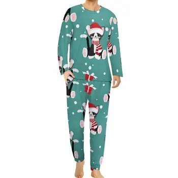 Armas Jõulud Kass Pidžaama Sügisel Loomade Prindi Vabaaja Sleepwear Mens 2 Tükki Kohandatud Pikad Varrukad Retro Liiga Pajama Komplekti