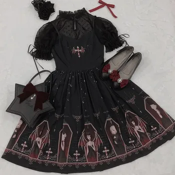 Tume Gooti Kurat Prindi Kleit Must Jaapani Stiilis Lolita Jsk Victoria Suspender Kleit Loli Seksikas Magus Goth Sidemega Kleidid 16
