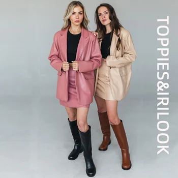 Toppies 2022 Uus Naiste PU Jakid Mood Naiste Streetwear Mantel + Nahast Seelik Office Lady-line Lühikesed Seelikud 9