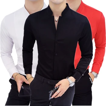 Must Ühe Karavan Seisma Krae Särk Meeste Mood Slim Fit Särgid, Meeste Pulm/Isiku Top Camisa Punane Valge 11