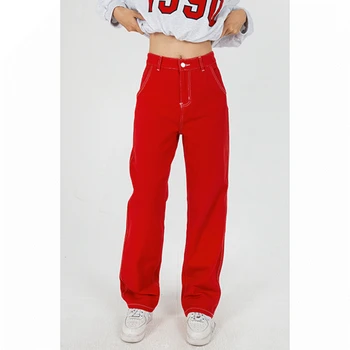 Pluss Suurus, Punane Kõrge Vöökoht Naiste Teksad Lai Jalg Kottis Stiilne Disain Denim Püksid Streetwear Vintage Suvel Otse Jean Pükste