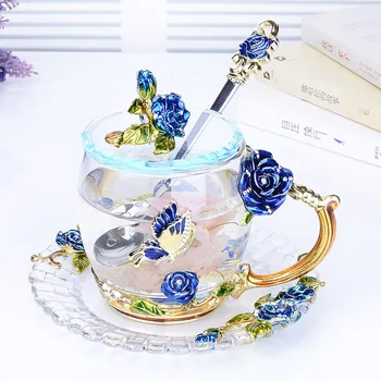 Loominguline Sinine Roos Emailiga Crystal Tee kruus Tass Kohvi Kruusid Liblikas Tõusis Maalitud Lill Vee Tassi Selge Klaas Lusikas Komplekt