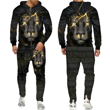 Lahe 3D-Loomade Lõvi Tõmblukk Hupparit tracksuit Trükitud Hupparit + Püksid, Ülikonnad, Mood Meeste Vabaaja Streetwear Sviitrid Komplekt