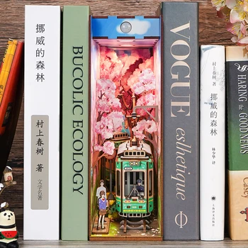 Puidust DIY Book Nook Riiul Insert Komplektid Sakura Rongi Bookend Käsitöö Hoone Kääbus Nukumaja Mööbel Mänguasi Kingitused Home Decor 14