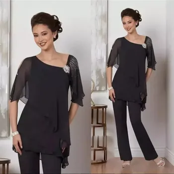 Elegantne Must Sifonki Plus Size Ema Pruudi Sobib Poolel Varrukate Ametlik Püksid, Ülikonnad, Ema Pruudi Kleit Pulmas Külaline 3