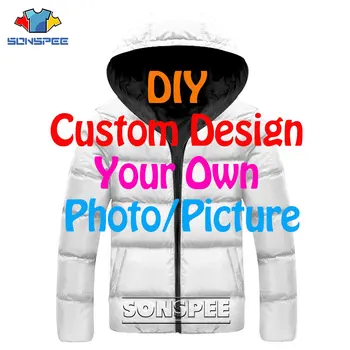 SONSPEE 3D Print DropShip Mehed Naised DIY Custom Disain, Pilt, Foto, Meeste Jope Pluss, Samet, Lukuga Soe Ette Lapse Täidetud Mantel