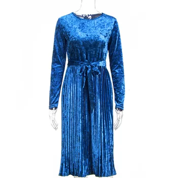 Solid color ümber kaela kõrge vöökoht velvet Plisseeritud kleit 15