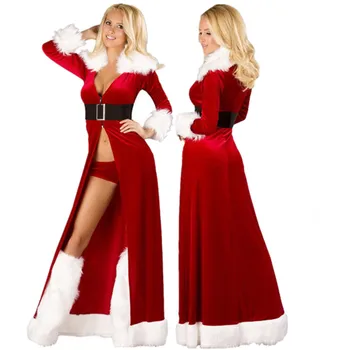 Deluxe Punane Samet Seksikas Jõulud Kleit Üles Naiste Santa Claus Cosplay Kostüüm Riided Fancy Kleit Xmas Party Rüü Femme