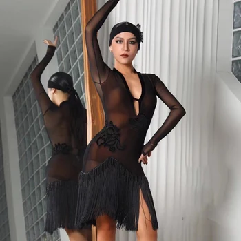 Naiste ladina Tantsu Performance Kleit Seksikas Vt-Läbi Fringed Kleit Chacha Samaba Tango ladina Tants Konkurentsi Kleidid JX335 8