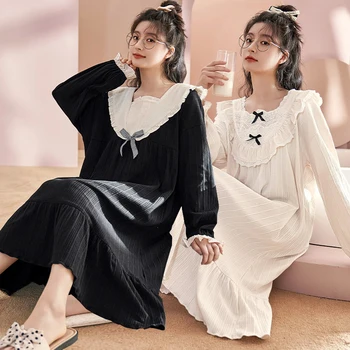 2022 Uus Sügis Pikad Varrukad Pluss Suurus Puuvill Nightgowns Naiste korea Pikk Kleit Sleepwear Öö Kleit Nightdress Kodu Nighty