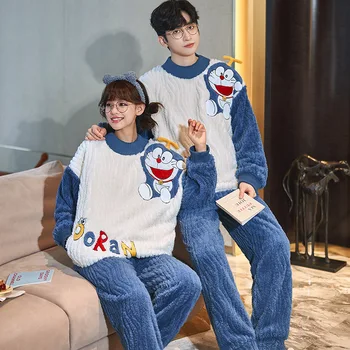 Paarid Pidžaama Komplekti Naised Mehed Korea Lahti Doraemon Anime Talvel Paksenema Sleepwear Pyjama Pour Femme Coral Fliis Pehme Soe 9