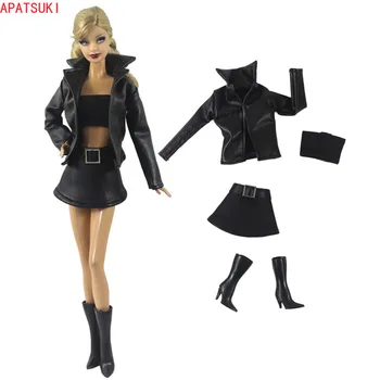 Must Nahk Nuku Riided Barbie Rõivad Mood Lühike Mantel, Jakk, Seelik, Top Saapad Komplekt Barbie 1/6 Nukud, Aksessuaarid 7