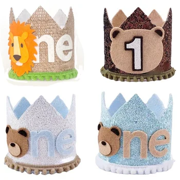 Esimene Kids Sünnipäeva Glitter Pruun Karu Müts ÜKS Burlap Lõvi Sünnipäev Crown Baby Shower Photoprops 14