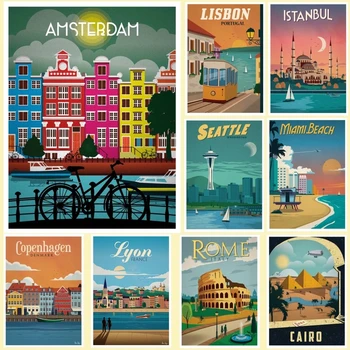 Uus Kuum Stiil Turismi Linna Plakat Minimalistlik Vintage Pariisi, Amsterdami Ja Lissaboni Toronto Itaalia Plakat Seina Art Decor Modulaarne Pildid 6