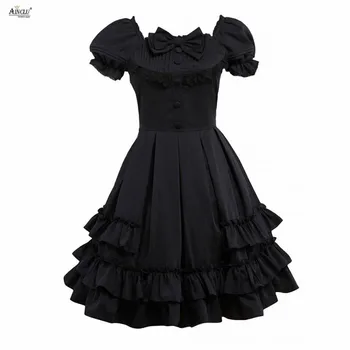 Lähis-Pikk Kleit Ainclu Naiste Magus Must Lühikeste Varrukatega Vibu Kaunistatud Puuvillane Armas Lolita kleit XS-XXL