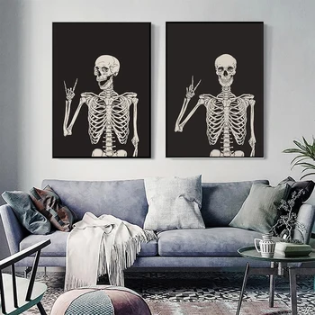 Rock Inimese Skelett Plakat Must Valge Lõuend Maali Minimalistlik Kunst Prindi Hirmutav Halloween Seina Pilt Elutuba Home Decor 1