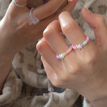 AOMU Magus Tüdruk Liblikas Crystal-Läbipaistev Beaded Rõngad Värvikas korea Trendikas sõrmustes Naiste Ehete Tarvikud 1