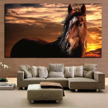 Pruun Hobune Nägu Alalise Päikeseloojangut Maastik Loomad Seina Art Pildid Seina Maali Kunst elutuba Home Decor (raamita) 16