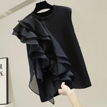 Ruffles T-Särk Naiste 2022 Daamid Tops Suvel Uus Jaapani Stiilis korea Fashion Värviga ümber Kaela Casual Trend Lihtsus