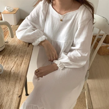 Valge Nightgowns Naiste Kevad-Pikad Varrukad Vabaaja Puuvillane Pikk Sleepwear V-Kaeluse Elegantne Korea Ins Homewear Lähedal Kleit