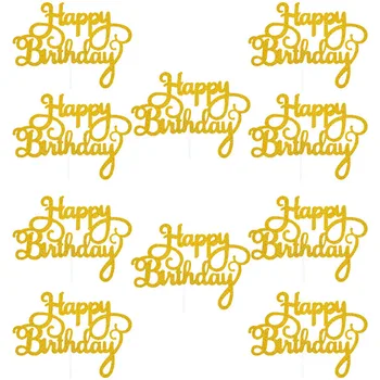 10tk Kuld Gittler Happy Birthday Cake Torukübar Täiskasvanud Lapsed Sünnipäeva Pulm Teenetemärgid Baby Shower Kook Dekoreerimiseks Tarvikud 2