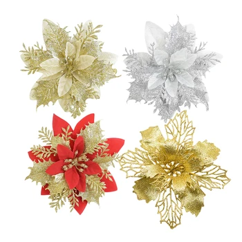 5tk Glitter tehislilled Punane Kuld Jõulud Lilled Tree Teenetemärgi Kaunistused Võltsitud Lille Kodu Xmas Uus Aasta Decor 16