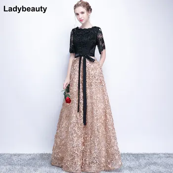 Ladybeauty Vintage Must-Line Pits Pikk Õhtu Kleidid Pool Varrukad Beaded kühvel kael pikk appliques õhtu kleit, tanssiaiset kleit 9