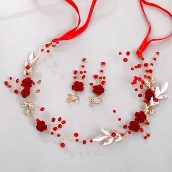 Hiina Punane Lill Lehed Peapaelad Kõrvarõngad Morsiamen Ehted Komplektid Crystal Tiaras Rhinestone Kroonid Pruut Noiva Pulm