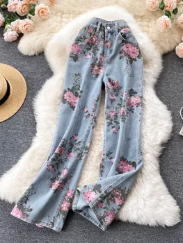 Lilled Prindi Teksad Naiste Vintage Kõrge Vöökoht Teksariidest Pikad Püksid 2021 Mood Sügisel Vabaaja Lai Jalg Täispikk Denim Püksid 8