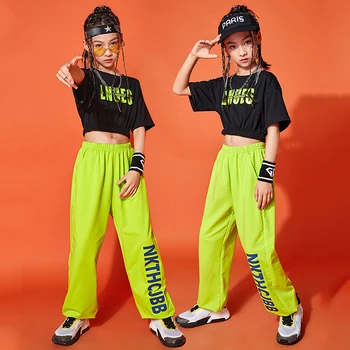 Hip-Hop Tantsu Riided Tüdrukutele Must Tops Roheline Püksid Lühikeste Varrukatega Hip-Hop Kostüüm Street Dance Tava Riided BL6571