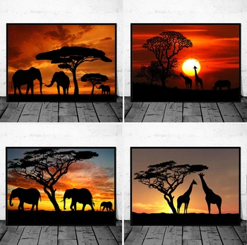 Aafrika Loomade Elevant Päikeseloojangut Lõuendile Maali Plakatid ja Pildid Seina Art Pilte elutuba Home Decor 13