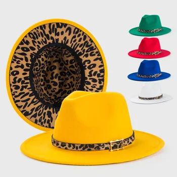 Kollane fedora sisemine leopard printida kevadel uus müts Panama vildist müts meeste ja naiste jazz müts fedora müts шапка женская 9
