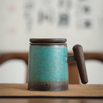 Retro Keraamiline Kruus Mull Tee Tass kaanega Jaapani Tee Vee Originaal Kruusid Kohvi Tassi Espresso Ahjus Küpsetatud Puidust Käepide Kingitus
