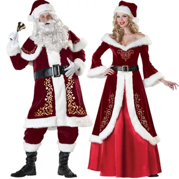 Deluxe Meeste Ja Naiste Velvet Jõulud Kostüüm Cosplay Paar Santa Claus Ühtne Riided Xmas Puhkus Fancy Kleit