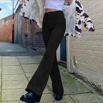 Uus Naine Kõrge Vöökoht Lahvatas Teksad Khaki Must Pruun Püksid Naiste Püksid Naiste Riided Pükste Jean Tahke Värve Streetwear 2