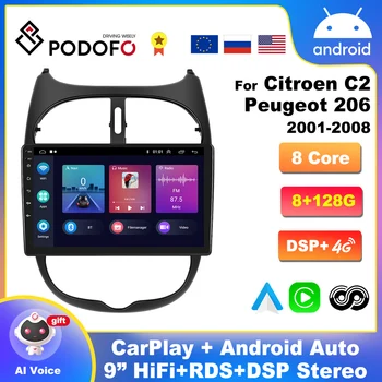 Podofo CarPlay Android Auto Raadio Peugeot 206 2001-2016 Citroen C2 Multimeedia Video Mängija 2din GPS Navigation Stereo 2