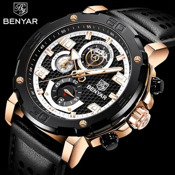 Benyar Meeste Multifunktsionaalne Sport Chronograph Top Brändi Luksus Quartz Watch Meeste Vaba aja veetmise Nahast Veekindel Kell Reloj Hombre 13