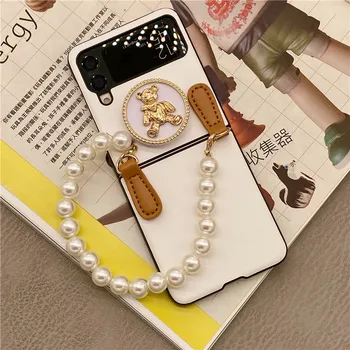 Mood Pearl Käevõru PU Nahast Telefoni Puhul Samsungi Galaxy Z Flip 4 3 5G Korea 3D Armas Kuld Karu Bracket Kaitse Katte 1